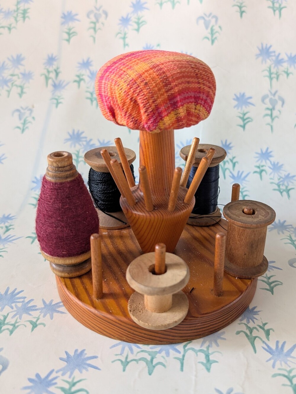 Vintage Wood Spool Holder Pincushion Mid Century Made in Sweden Sewing Caddy